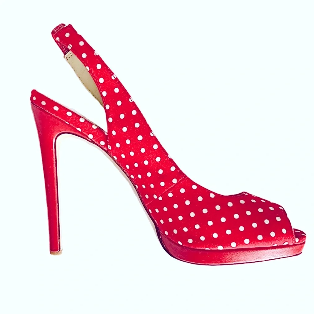 NWOT red polka dot stiletto Heels Peeptoe Slingbacks SIZE 7 AU - Picture 4 of 14